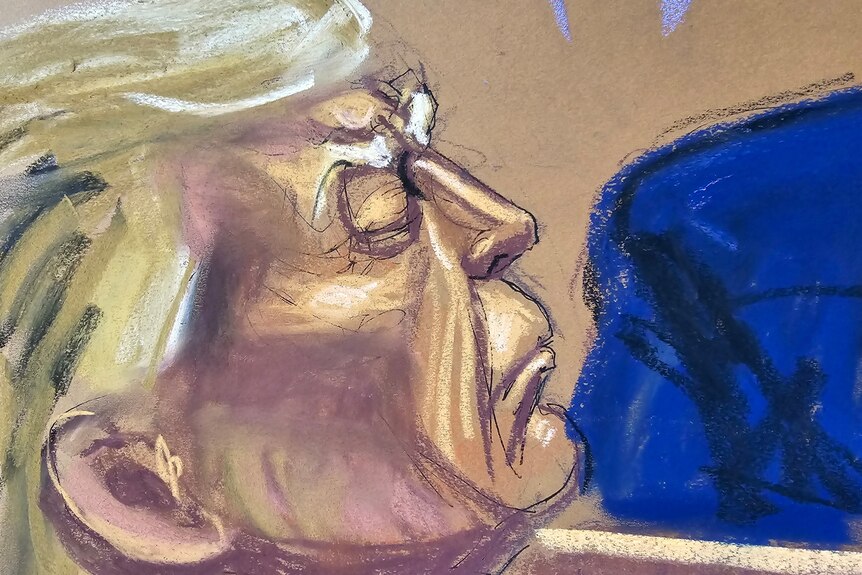A court sketch of Donald Trump, who has his eyes closed and head tilted back.