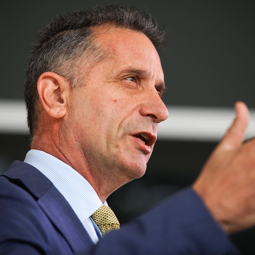 WA Police Minister Paul Papalia in side profile close up, gesturing with his hand.