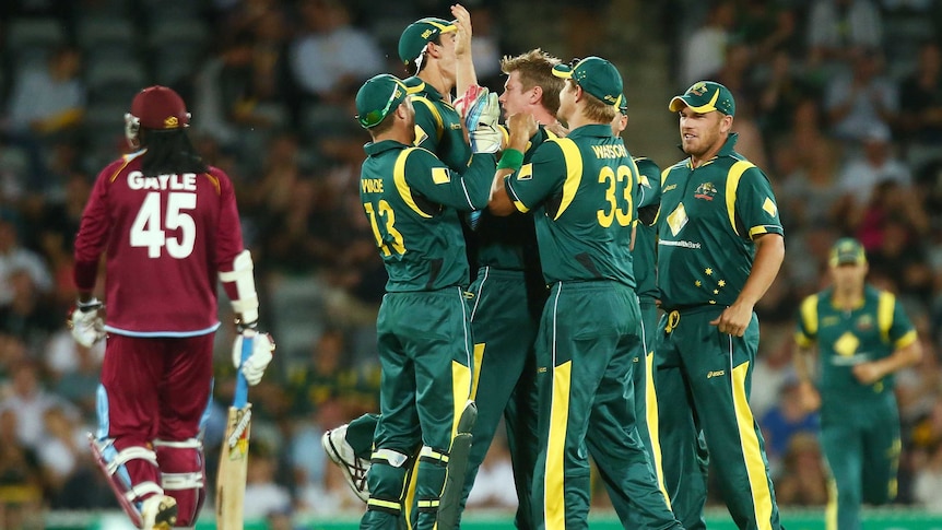 James Faulkner (C) starred with the ball for Australia in the ODI against the West Indies in Canberra.