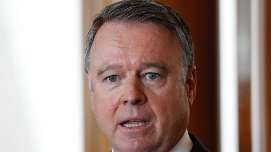 Joel Fitzgibbon, wearing a suit, speaks.