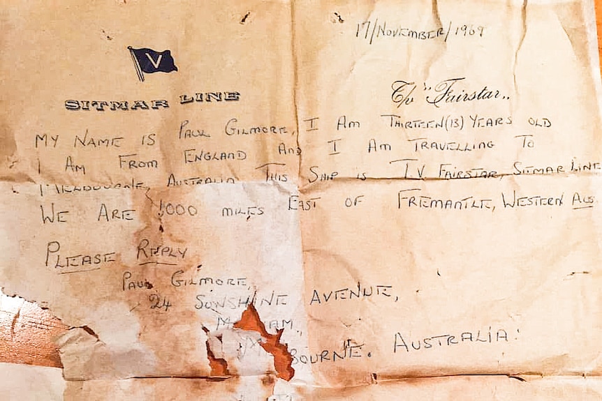 The letter which says "My name is Paul Gilmore, I am 13 years old, I am from England and I am travelling to Melbourne Australia"