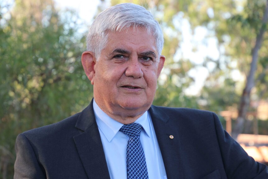A head and shoulders shot of Liberal MP for Hasluck Ken Wyatt wearing a suit, shirt and tie outdoors.