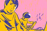 Illustration of a Dad looking forlorn with a kid playing on a computer, wearing headphones in the background.