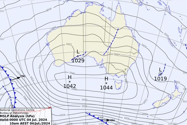A map of Australia with lines and letters across it, indicating weather changes