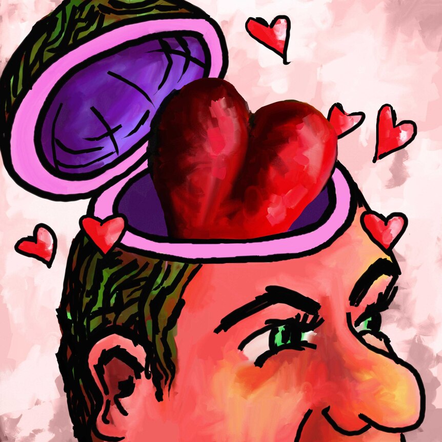 Cartoon man with a love heart in his head surrounded by love hearts
