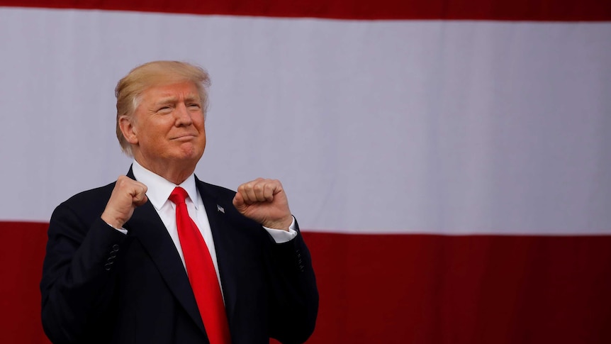 Donald Trump pumps both his fists in front of a giant US flag