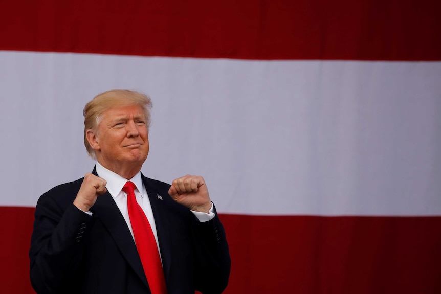 Donald Trump pumps both his fists in front of a giant US flag