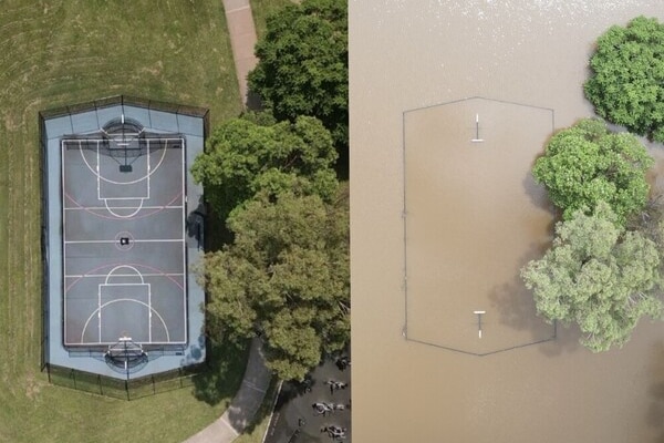A comparison aerial shot of a dry basketball court and one completely under water.