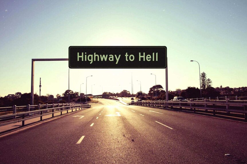 A mocked up image of a road sign reading "Highway to Hell" above an empty road.