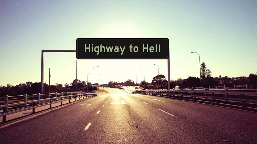 A mocked up image of a road sign reading "Highway to Hell" above an empty road.