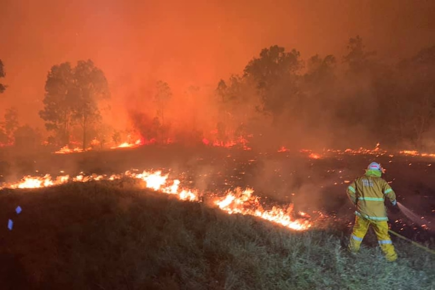 A firefighter is seen trying to extinguish a bushfire near Yeppoon at night