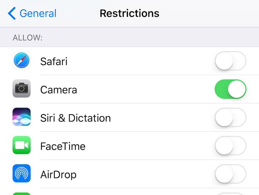 The restriction settings on an iPhone.