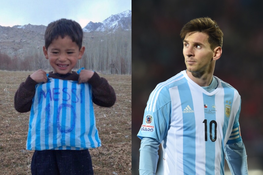 A composite image of Murtaza Ahmadi, a five-year-old Afghan football fan, and his idol Lionel Messi.