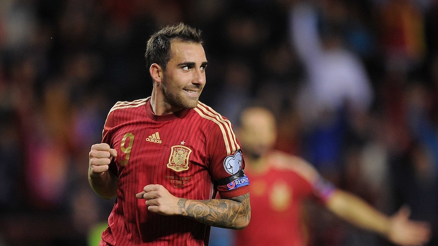 On target ... Paco Alcacer celebrates after scoring Spain's second goal against Luxembourg