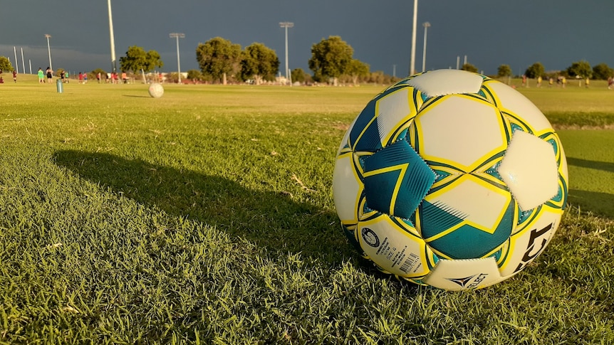 A soccer ball on a grassy pitch in late afternoon light