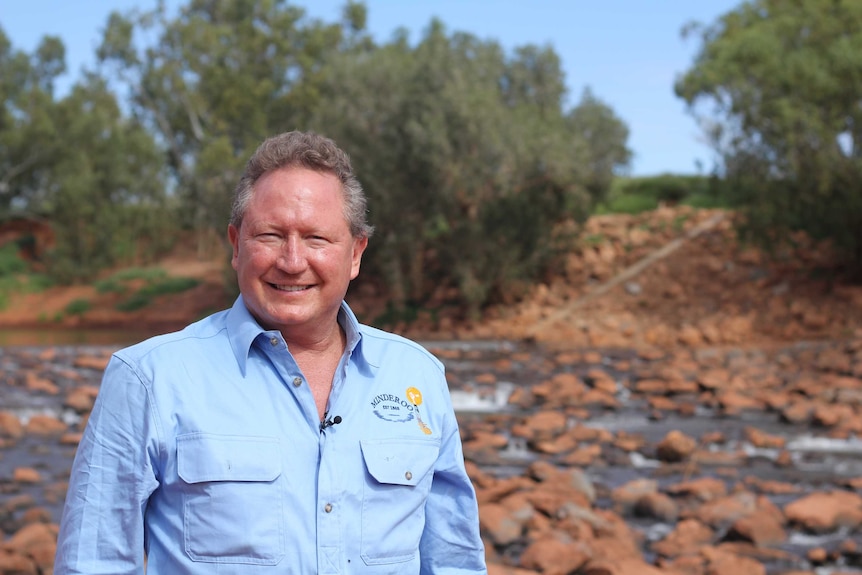 Andrew 'Twiggy' Forrest stands in front of the upside-down weir he has developed beneath the Ashburton River on Minderoo