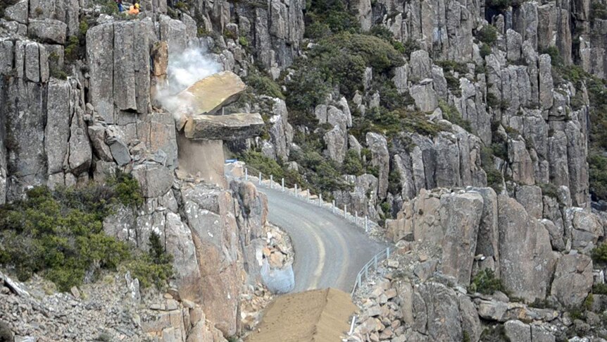 A rock is dislodged on Jacob's Ladder on the road to Ben Lomond ski field, Tasmania