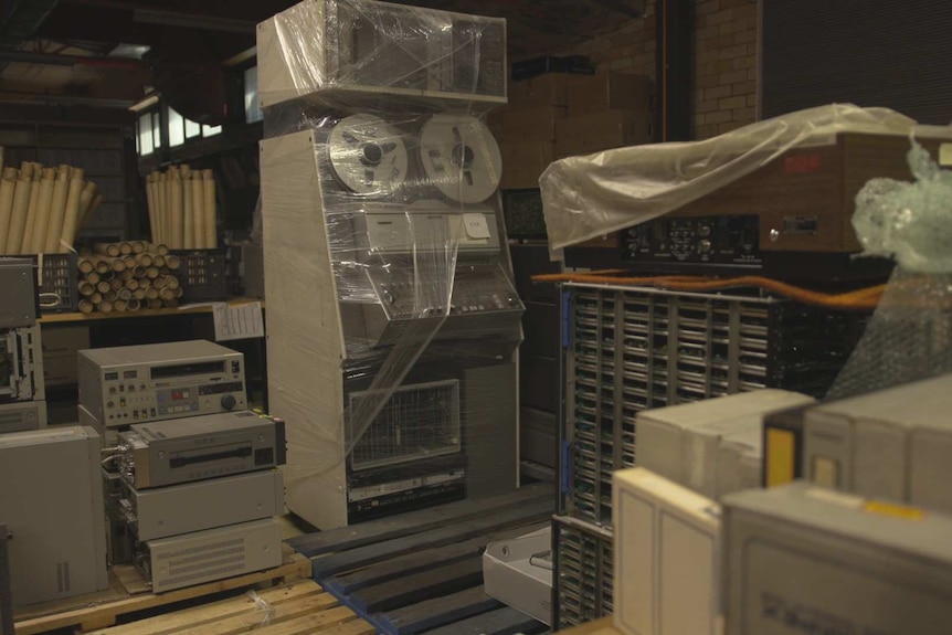 Old tape recording equipment in a storage room at the National Archives.