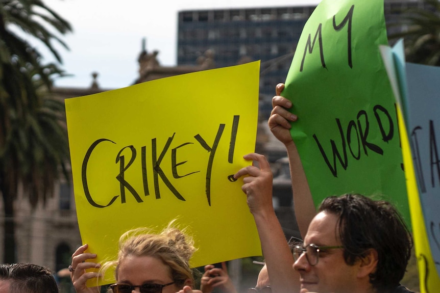 Images of a crowd holding up signs in green and gold. One of the signs says 'Crikey'.