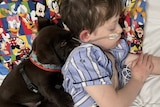 Elton is a very little puppy and is hugging Charlie, who sleeps with a breathing tube.