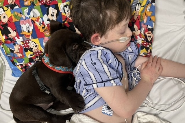 Elton is a very little puppy and is hugging Charlie, who sleeps with a breathing tube.