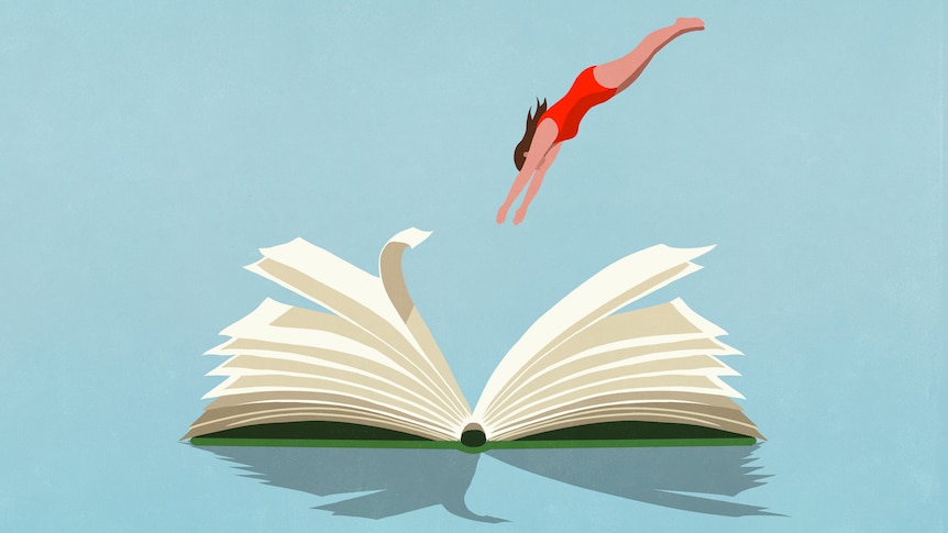 Illustration of a woman in a red swimming costume diving into an open books as if it's a swimming pool
