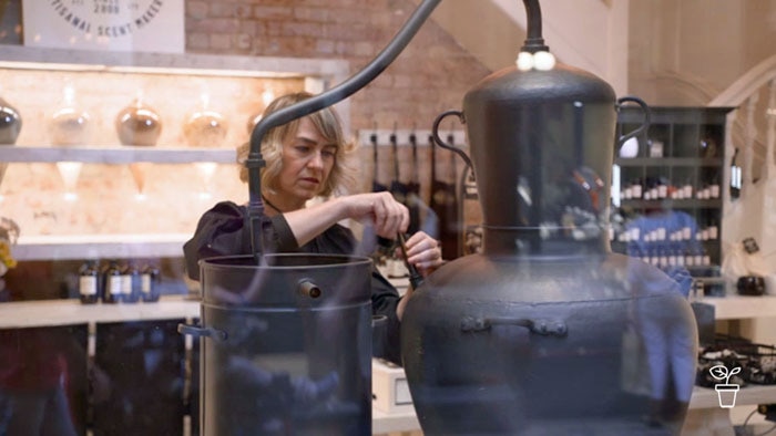 Woman standing at industrial workbench with large cast iron laboratory equipment