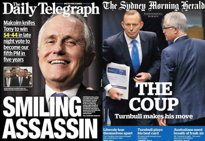 The front pages of the Daily Telegraph and Sydney Morning Herald after the Liberal spill in 2015.