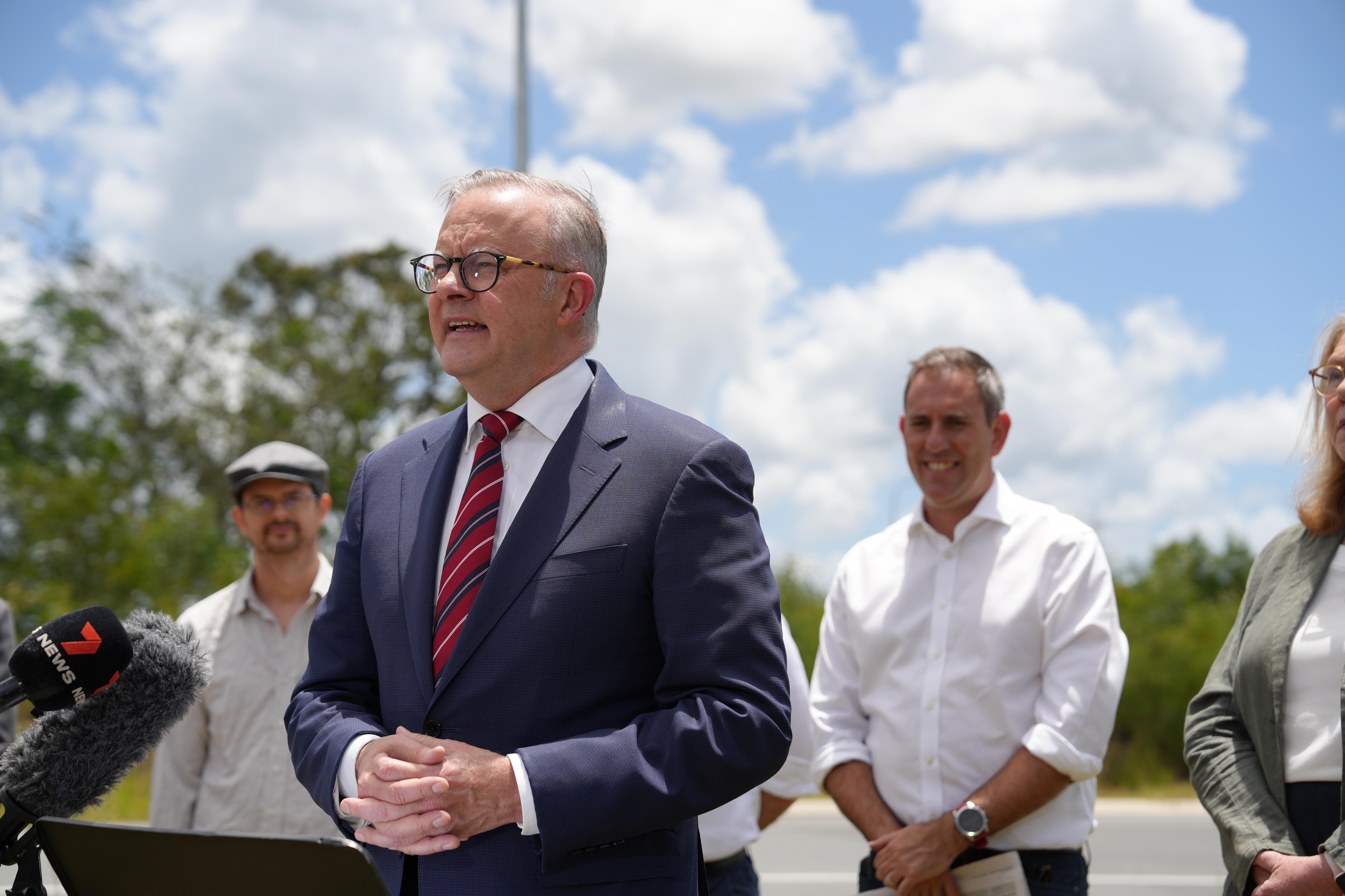 Prime Minister Anthony Albanese speaking to the media at a lectern for a press conference.