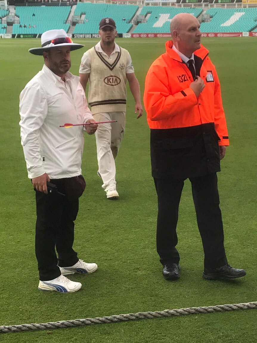 An umpire stands on a cricket pitch, looking at a red and yellow arrow.