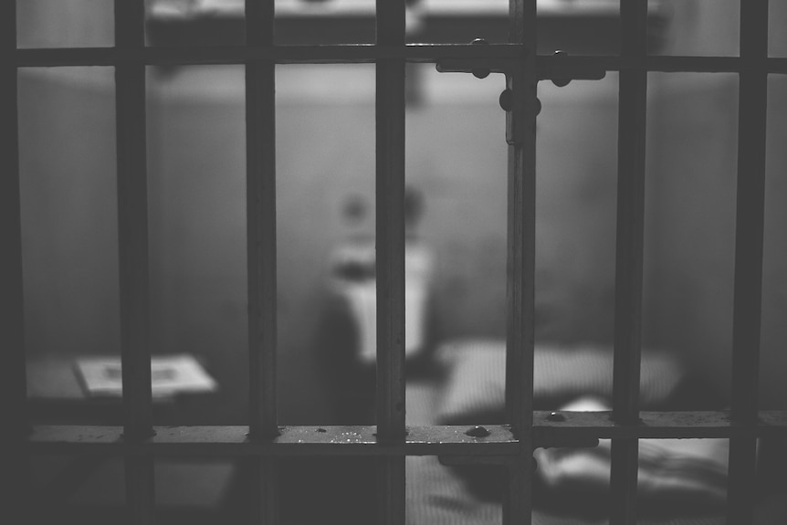 Black and white image of the bars of a prison cell with a blurred background.