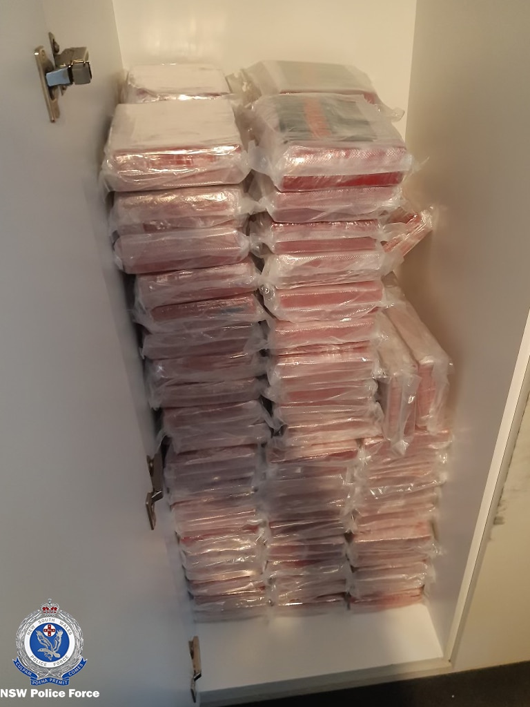 Packages of something red bound in plastic stacked up in a white cupboard