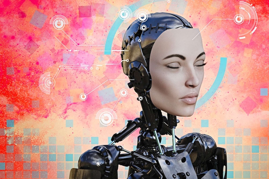 An illustration of a robot which has a woman's face, standing in front of a pink and orange backdrop.