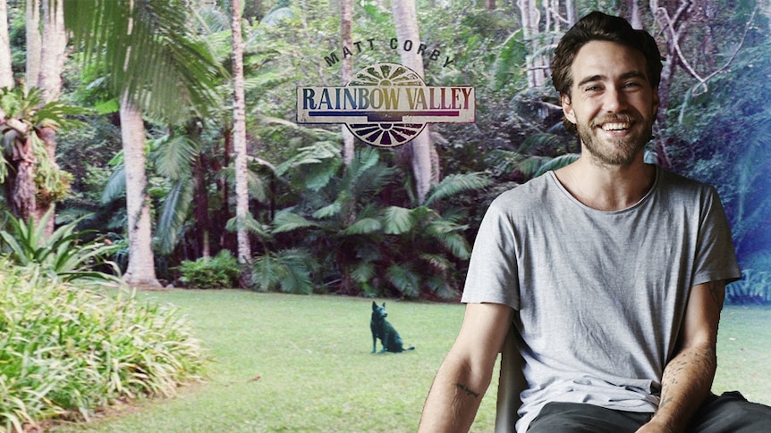 A collage of Matt Corby with the art of his 2018 album Rainbow Valley