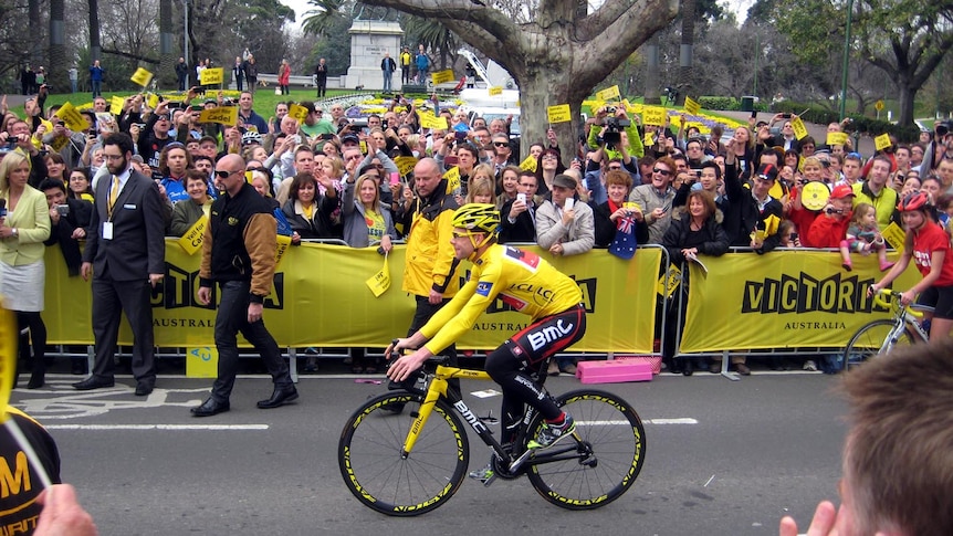 Cadel Evans makes his way past crowds en route to Federation Square