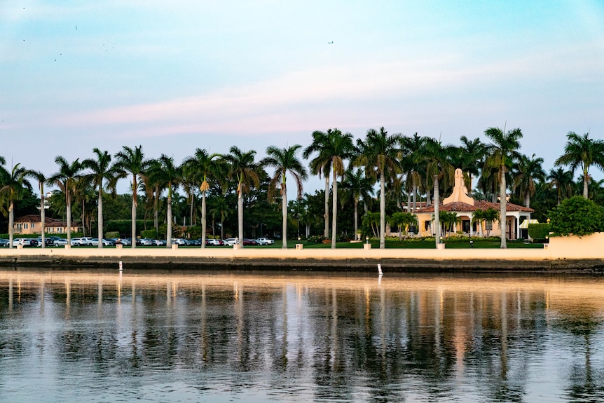 Mar-a-lago across the water behind palm trees.