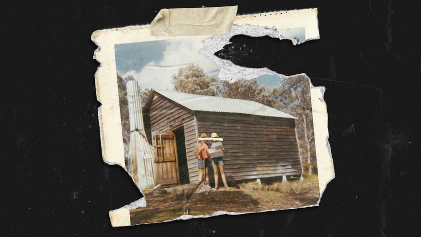 A graphic of a torn, aged photo of two boys outside a cabin. Their faces are obscured.