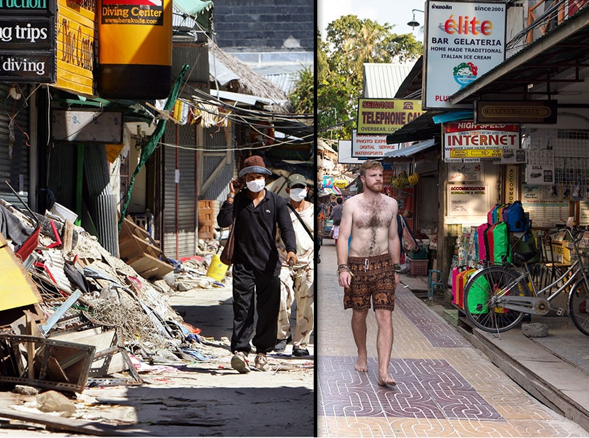 A composite image showing Phi Phi Island in Thailand after the Boxing Day tsunami in 2004, and the same scene in 2014.