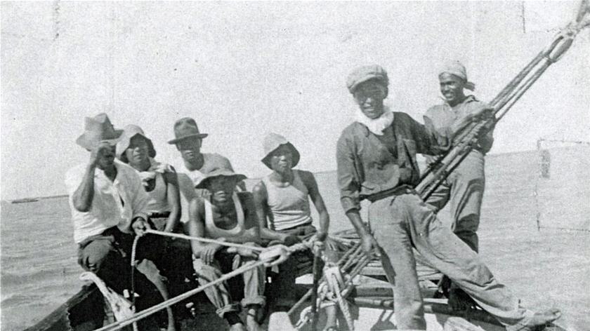 A pearling lugger crew: historically, crews sailing out of Broome were typically made up of a mix of Aboriginal and Asian men.