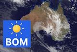 A satellite image of Australia's weather with a BOM logo on ttop. 