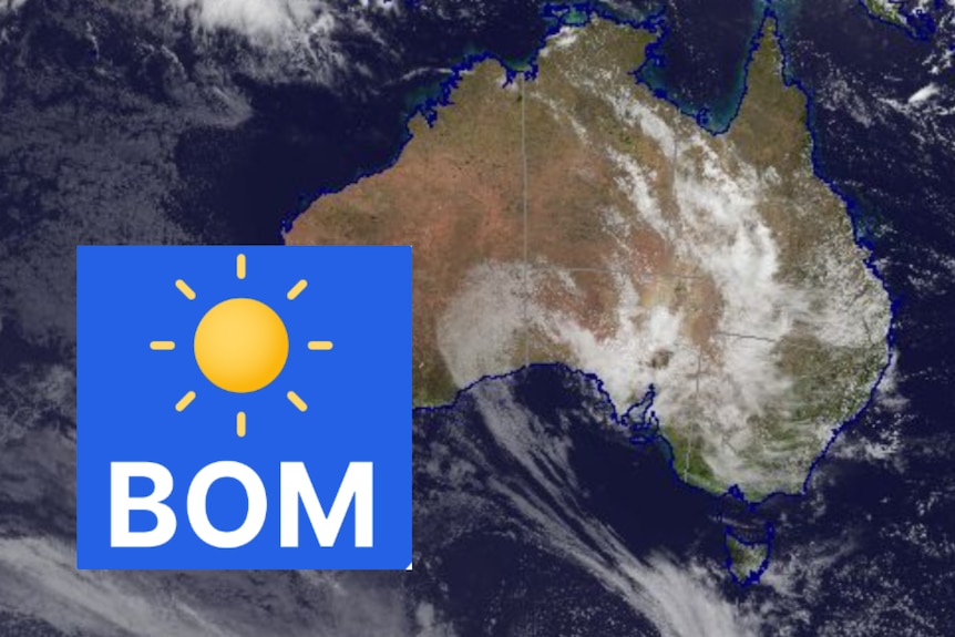 A satellite image of Australia's weather with a BOM logo on ttop. 