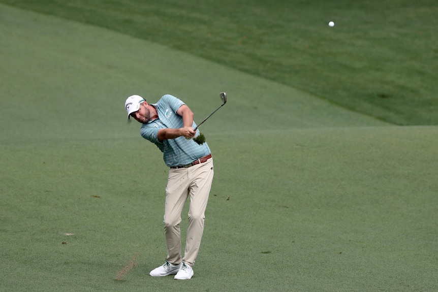 Marc Leishman hits from the seventh fairway during the second round of the Masters golf tournament at Augusta National.