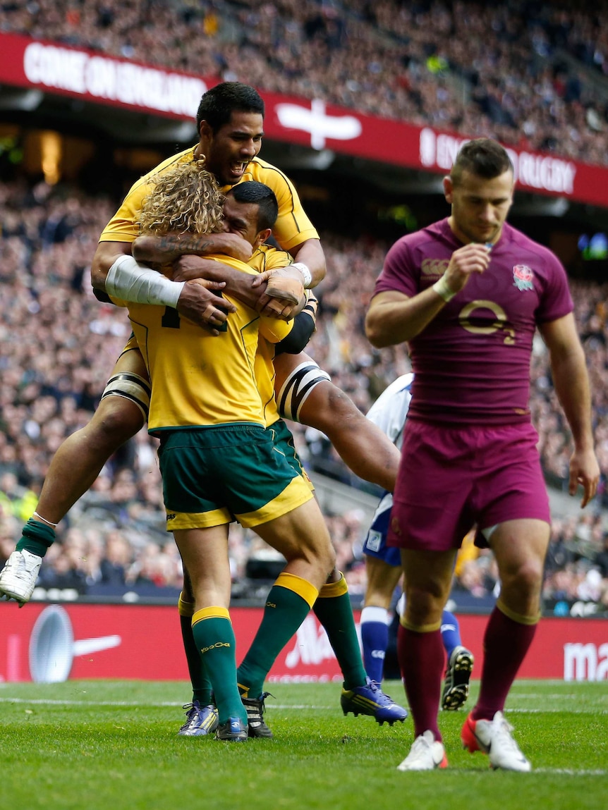 Nick Cummins (L) scored his first international try to put the Wallabies into the ascendancy.