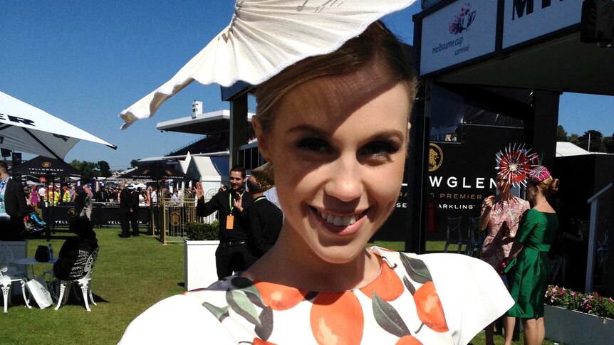 Crystal Kimber at the Fashions on the Field at Flemington racecourse on Melbourne Cup day.
