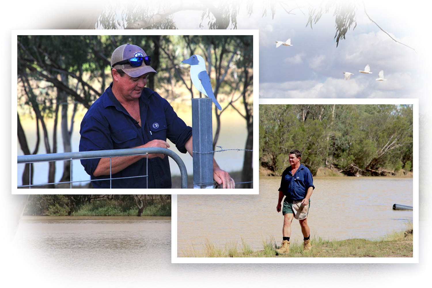 Collage de tres imágenes de Adam Osborne abriendo una puerta y caminando junto al río.