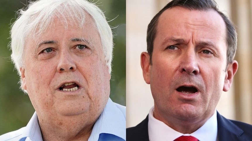 A composite image showing tight head shots of Clive Palmer and Mark McGowan.