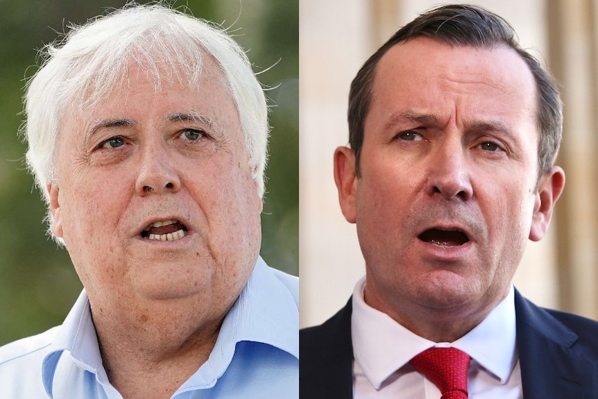 A composite image showing tight head shots of Clive Palmer and Mark McGowan.