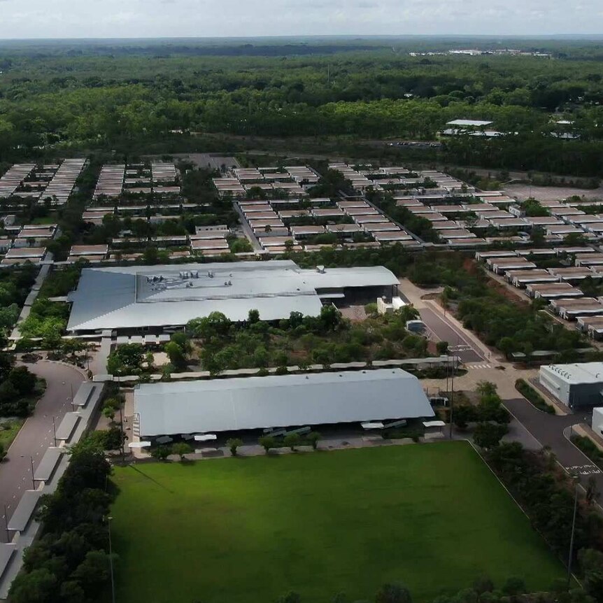 An drone shot of the Inpex worker's village.
