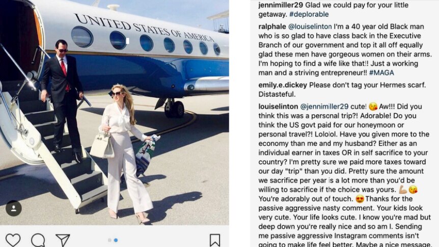 Instagram post showing Linton and husband stepping off jet. Comments on post are listed to the right.