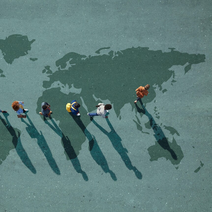 flat graphic of the world with people walking across